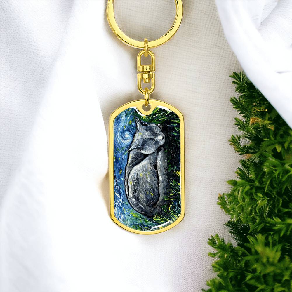 Russian Blue Cat Dog Tag Keychain