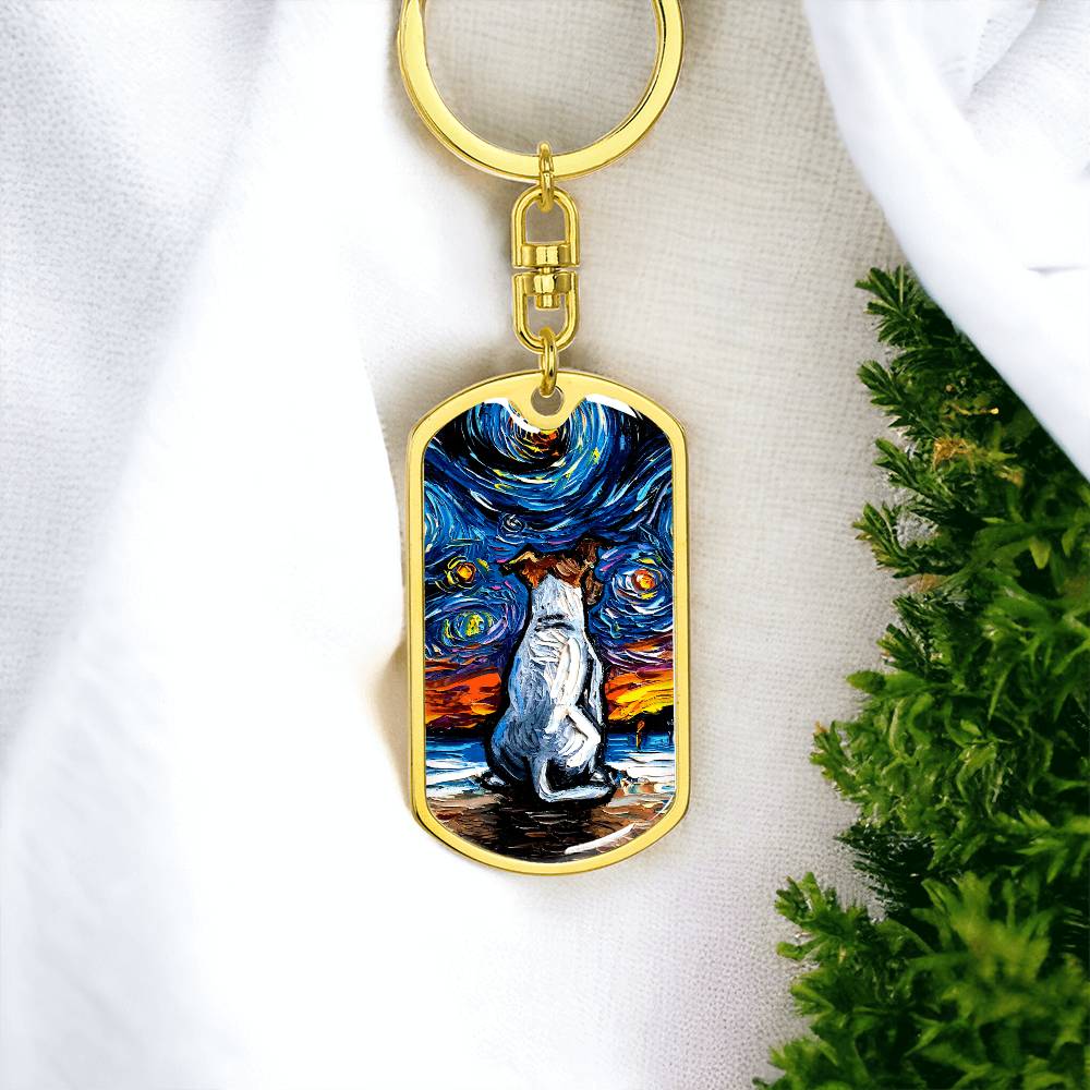 Jack Russell Terrier at the Beach Starry Night Dog Tag Keychain