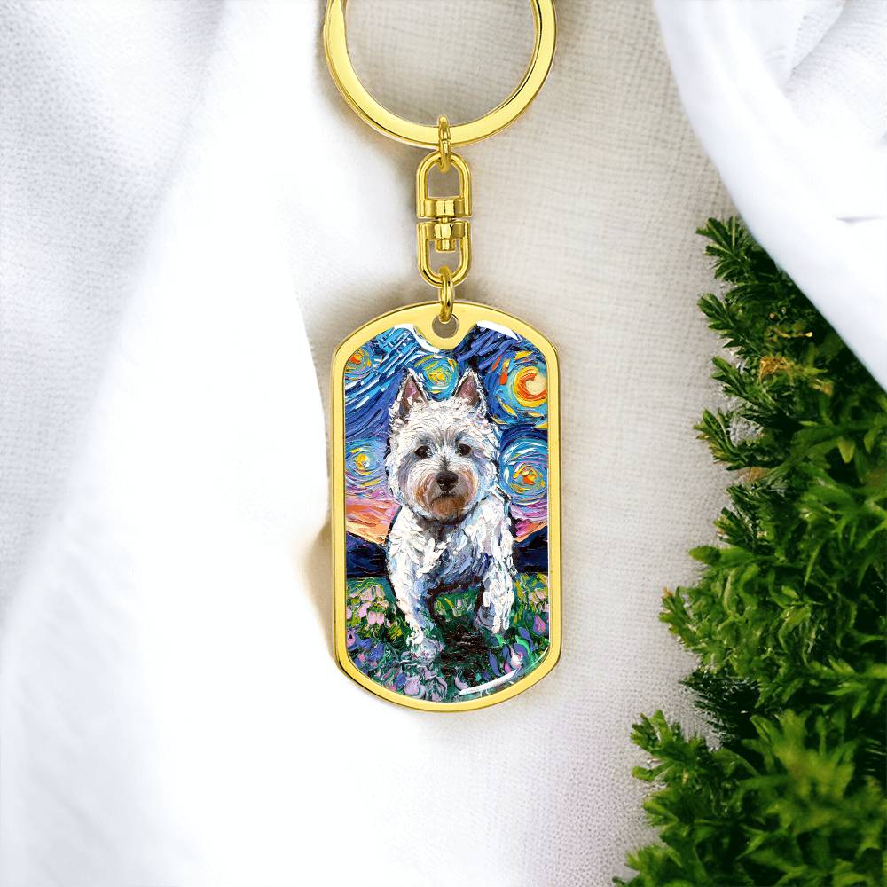 Westie and Flowers Starry Night Dog Tag Keychain