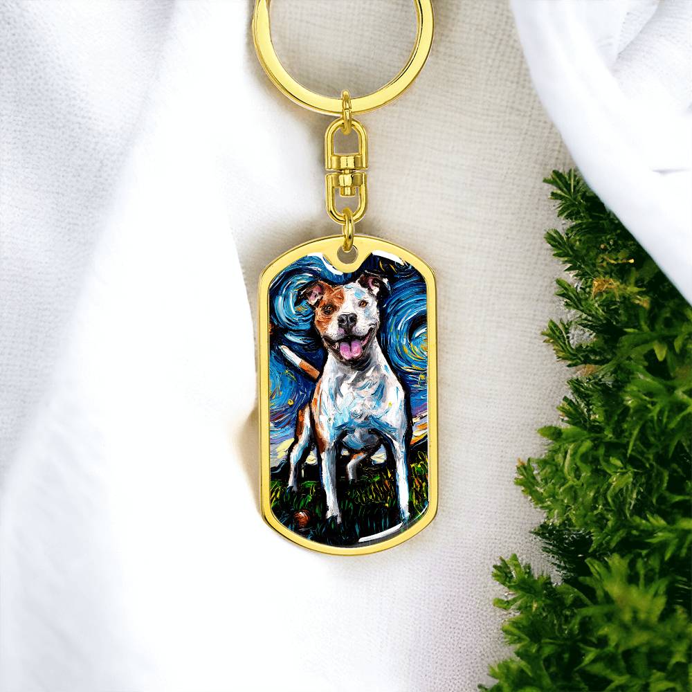 Happy Pitbull Starry Night Dog Tag Keychain
