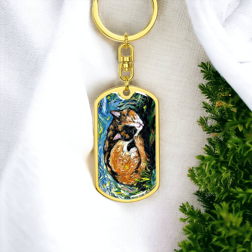 Sleeping Calico Dog Tag Keychain
