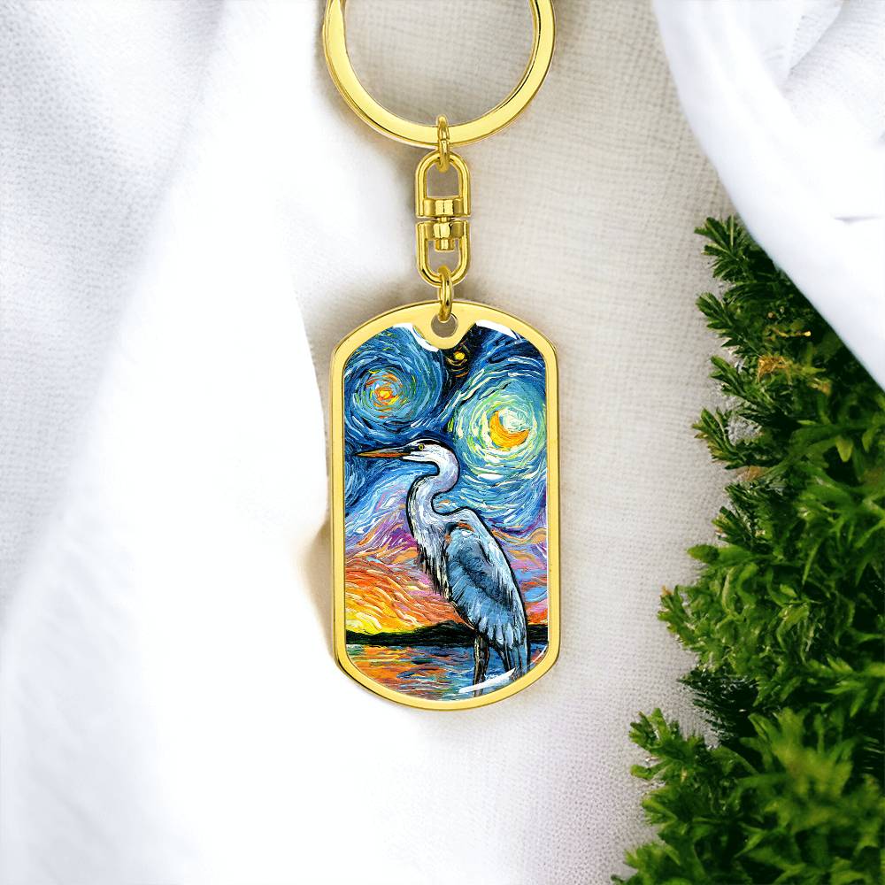 Blue Heron Starry Night Dog Tag Keychain