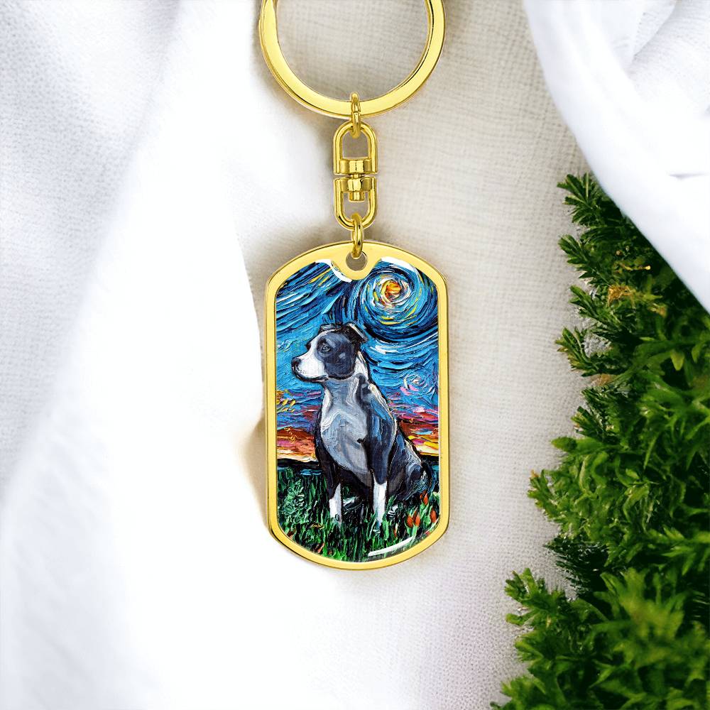 Pitbull Starry Night Dog Tag Keychain