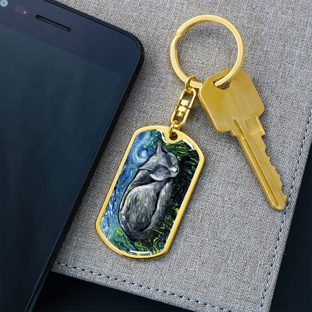 Russian Blue Cat Dog Tag Keychain