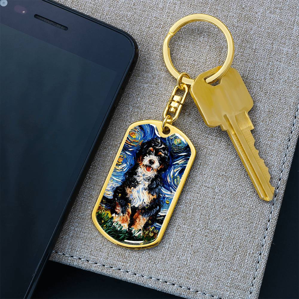 Bernedoodle Starry Night Dog Tag Keychain