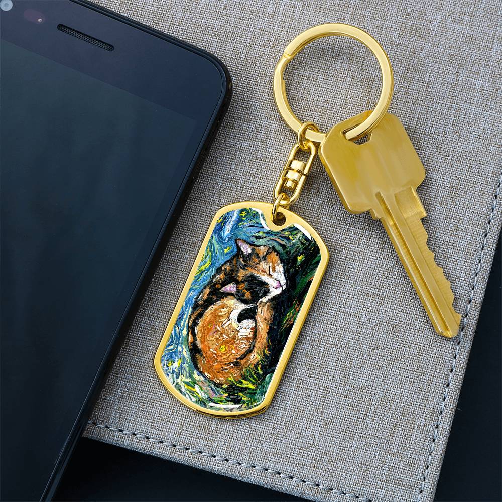 Sleeping Calico Dog Tag Keychain