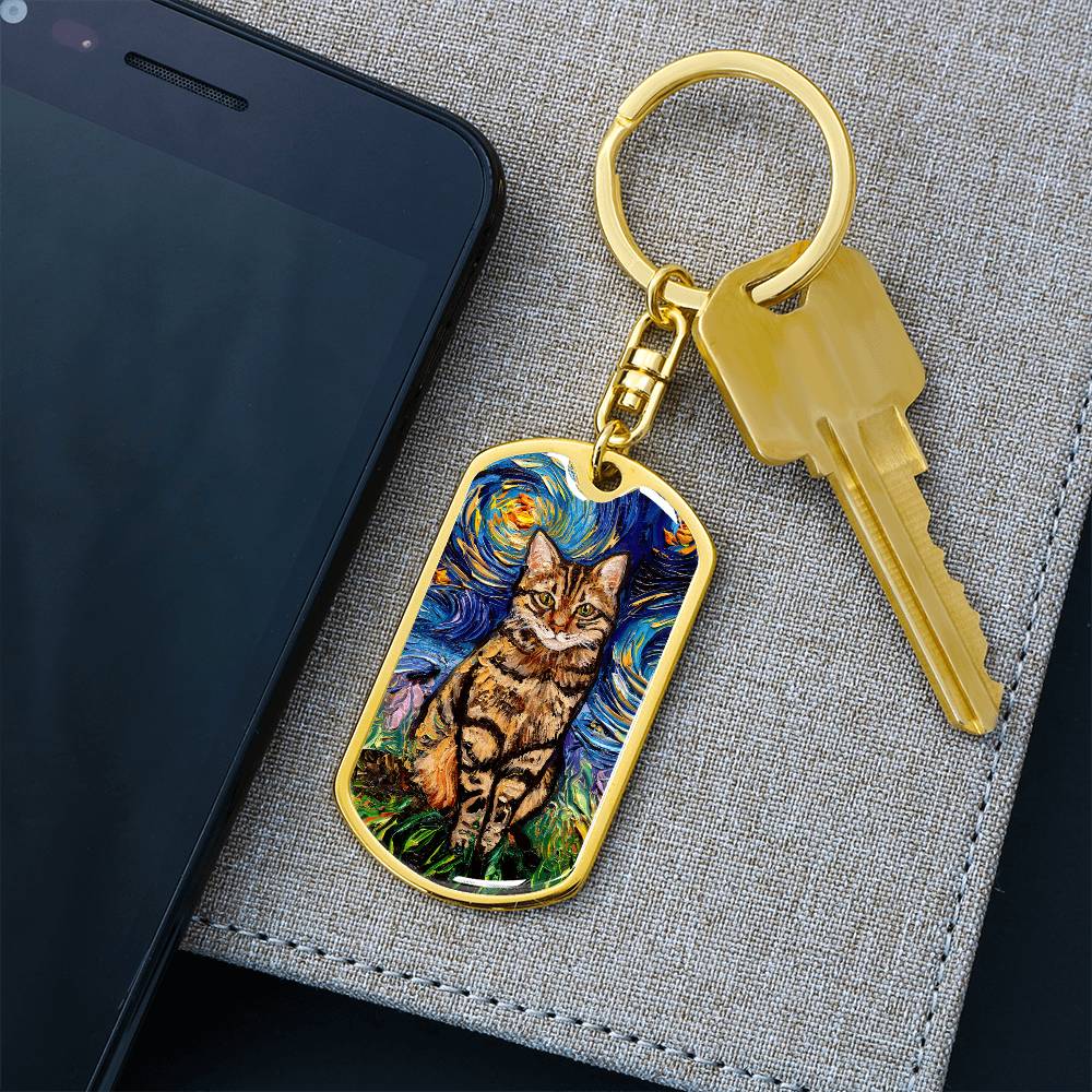 Brown Tabby Cat Starry Night Dog Tag Keychain