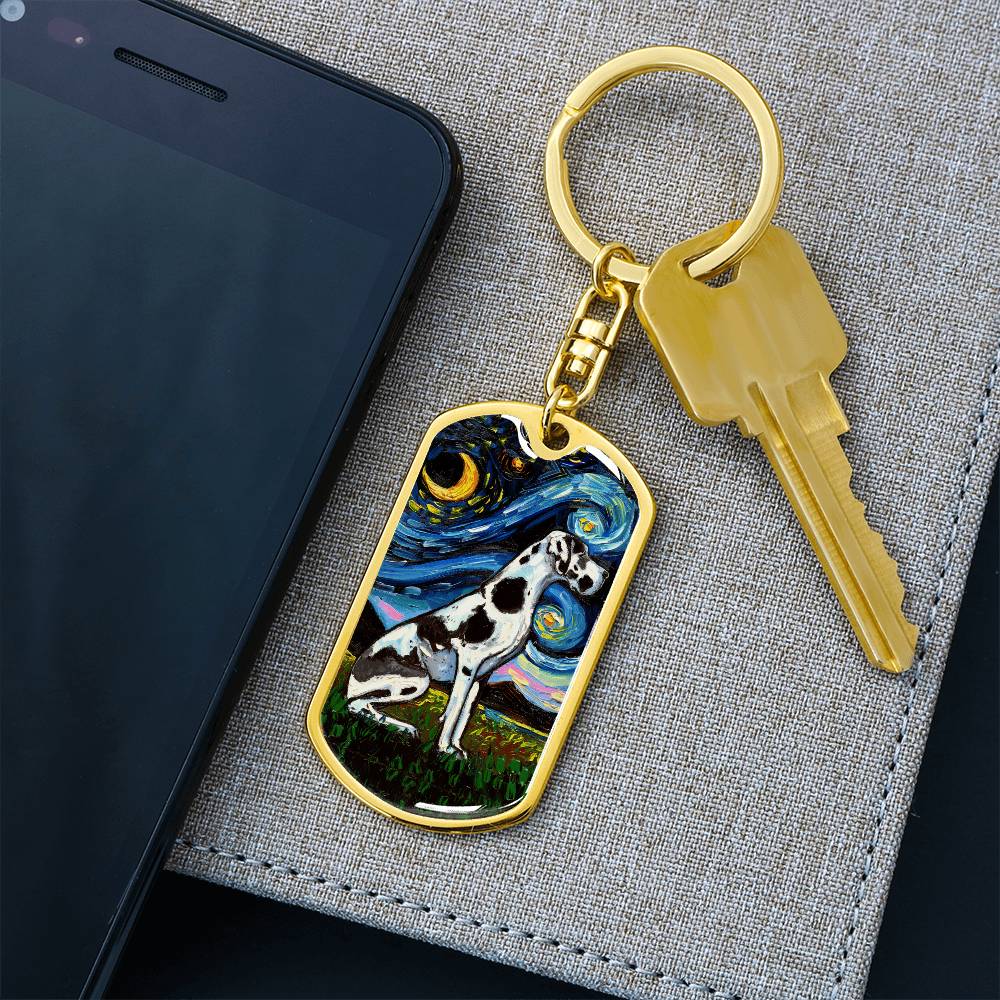 Harlequin Great Dane Starry Night Dog Tag Keychain