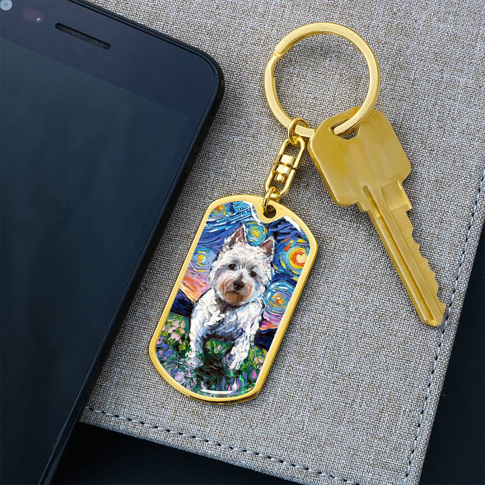 Westie and Flowers Starry Night Dog Tag Keychain