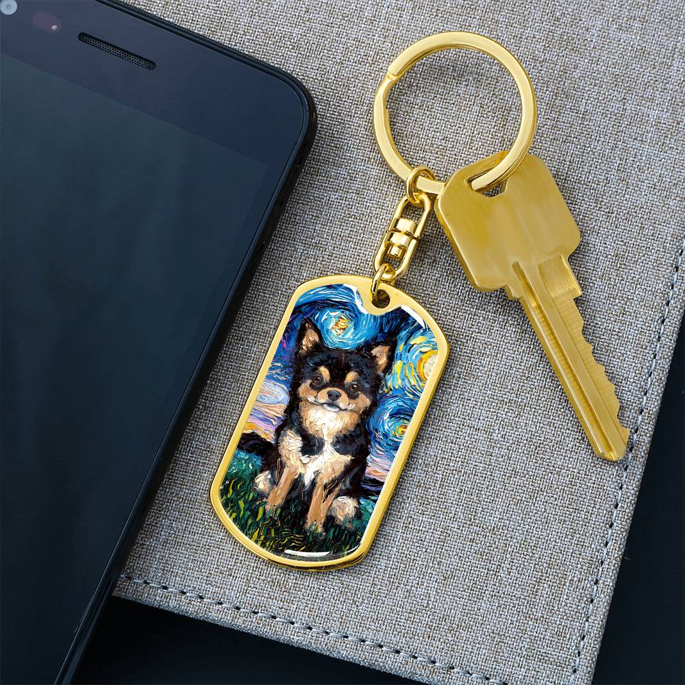 Black and Tan Long Hair Chihuahua Starry Night Dog Tag Keychain