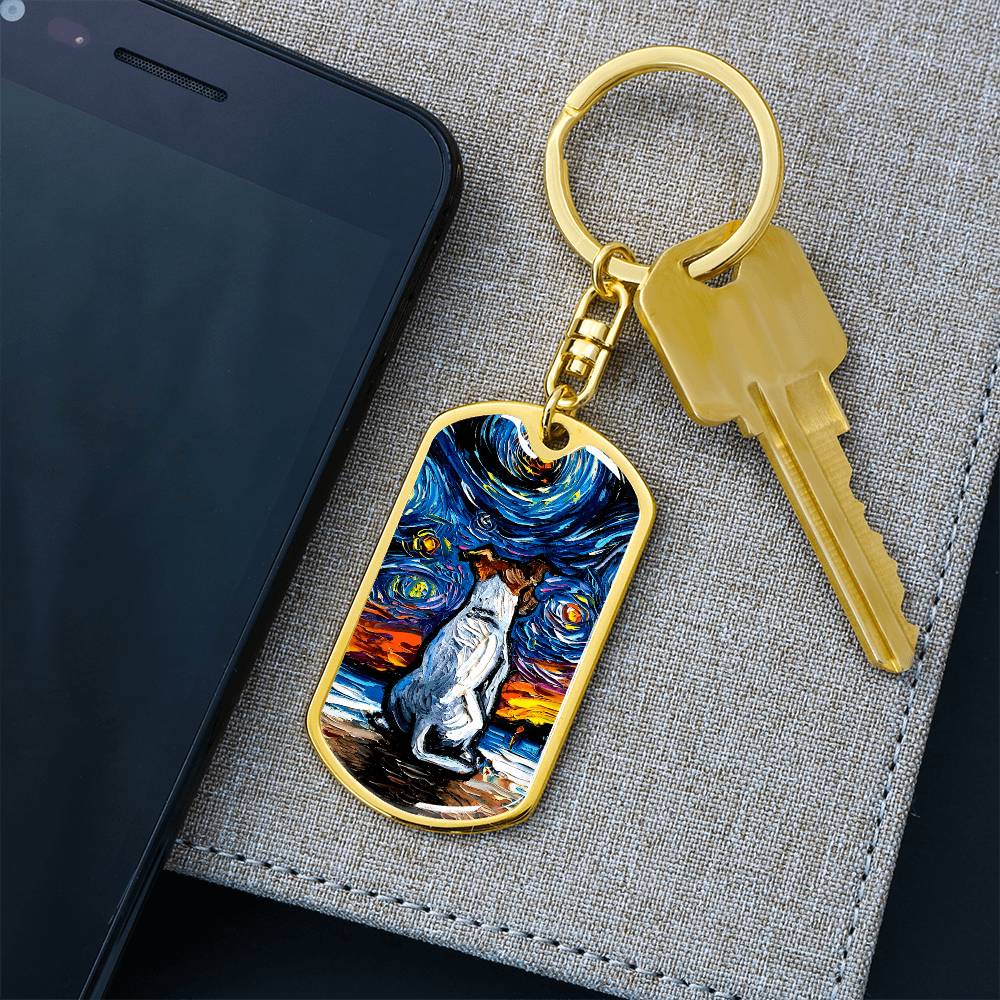 Jack Russell Terrier at the Beach Starry Night Dog Tag Keychain