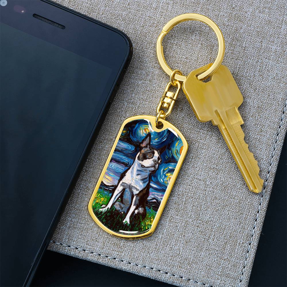 Boston Terrier starry Night Dog Tag Keychain