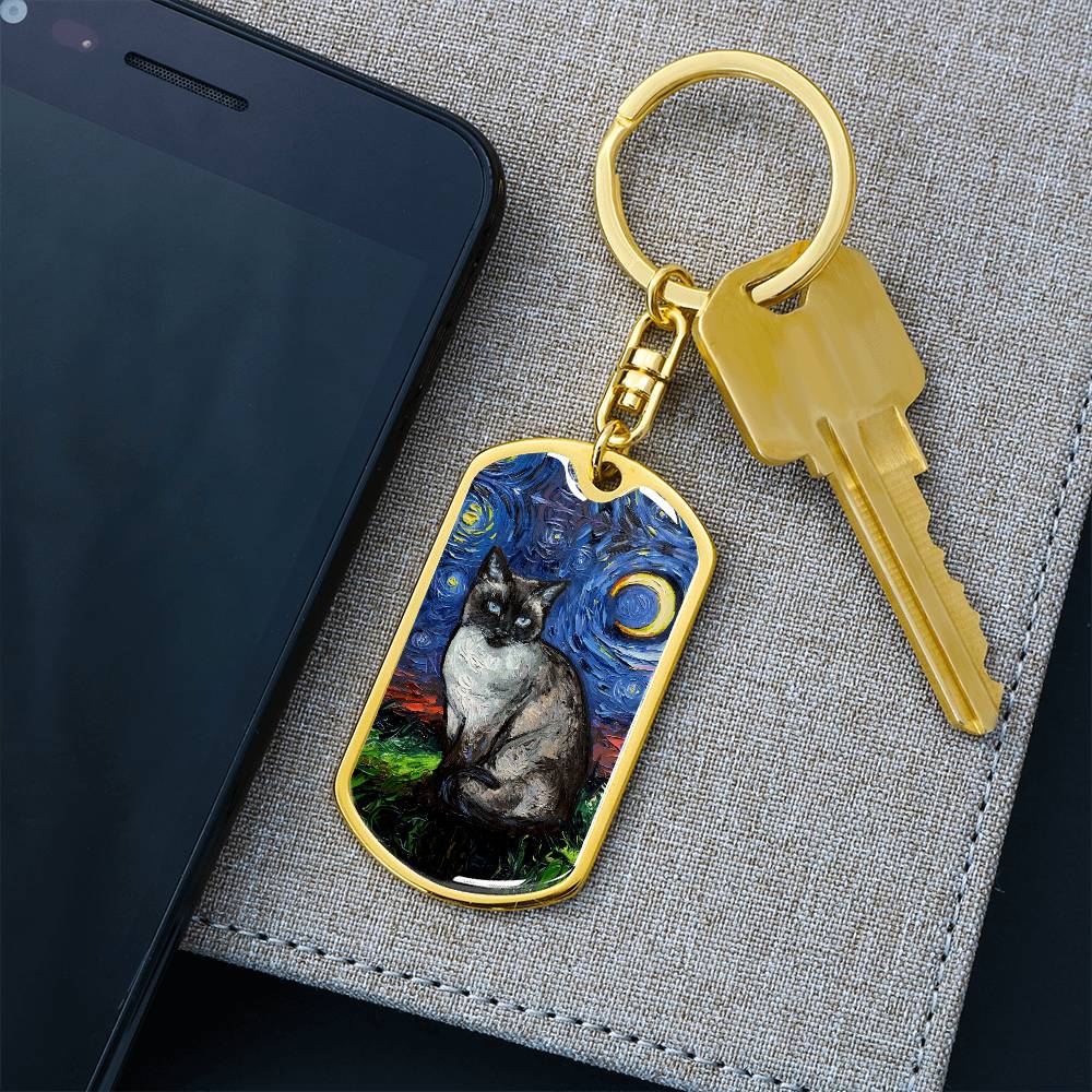 Siamese  Cat Starry Night Dog Tag Keychain