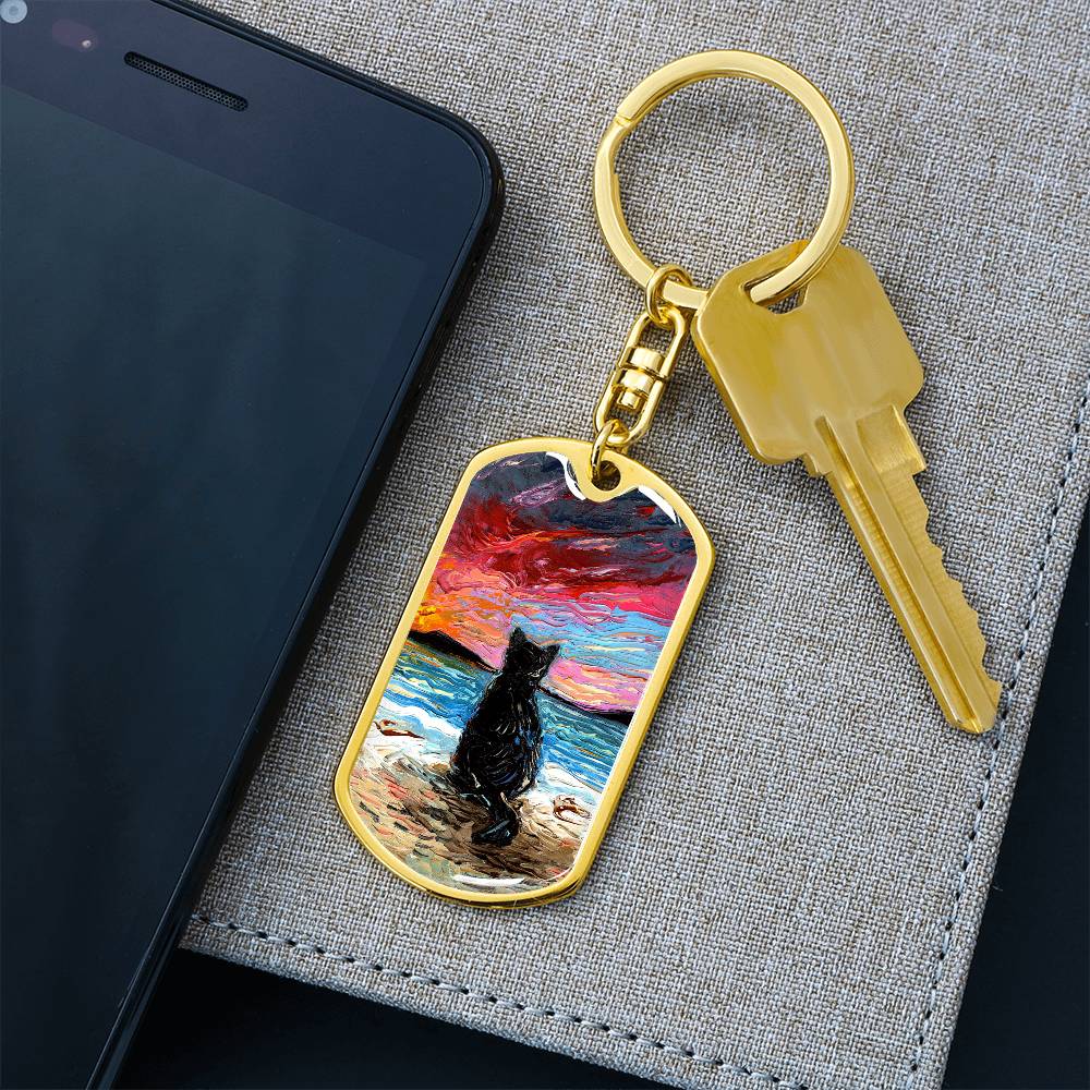 Beach Days - Black Cat Starry Night Dog Tag Keychain