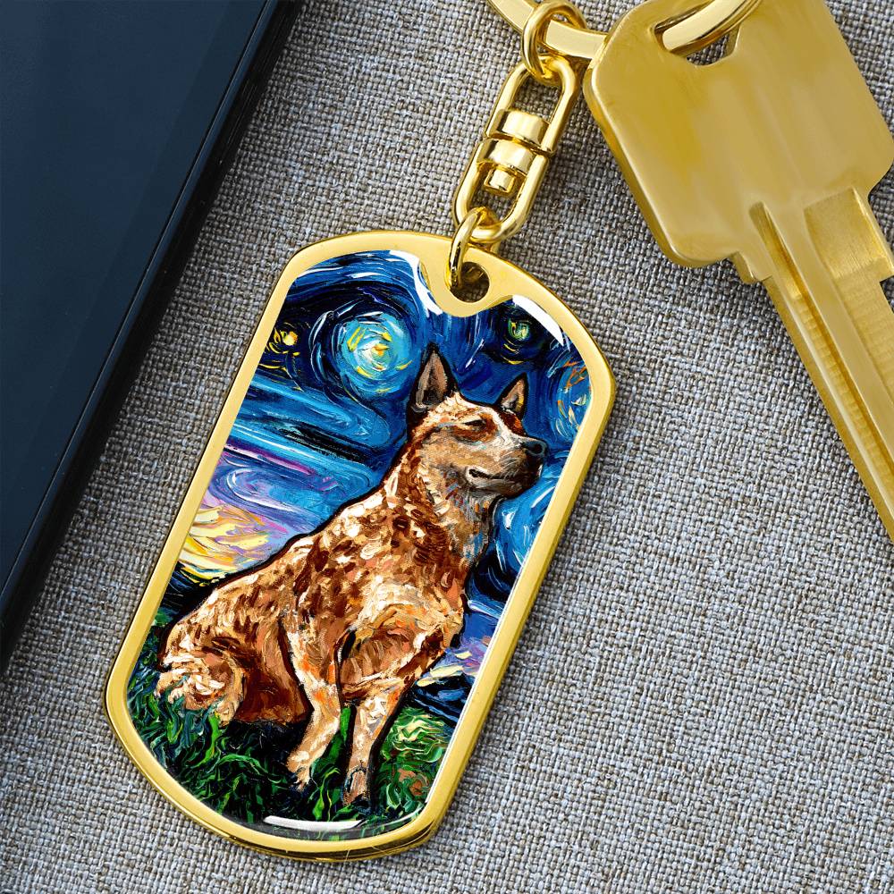 Red Heeler Starry Night Dog Tag Keychain