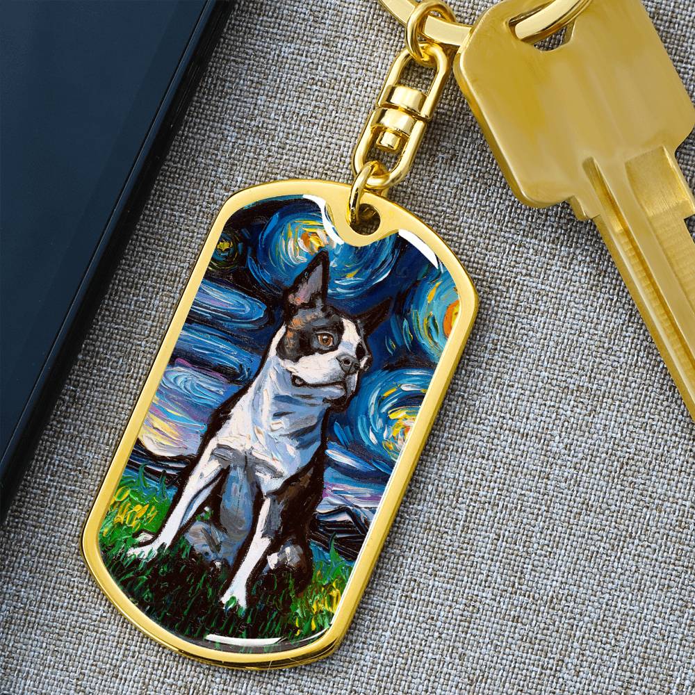 Boston Terrier starry Night Dog Tag Keychain