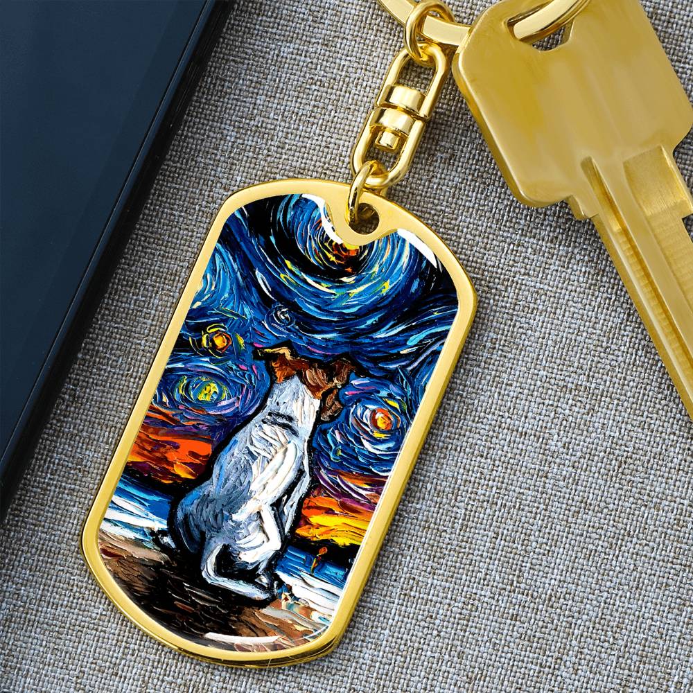 Jack Russell Terrier at the Beach Starry Night Dog Tag Keychain