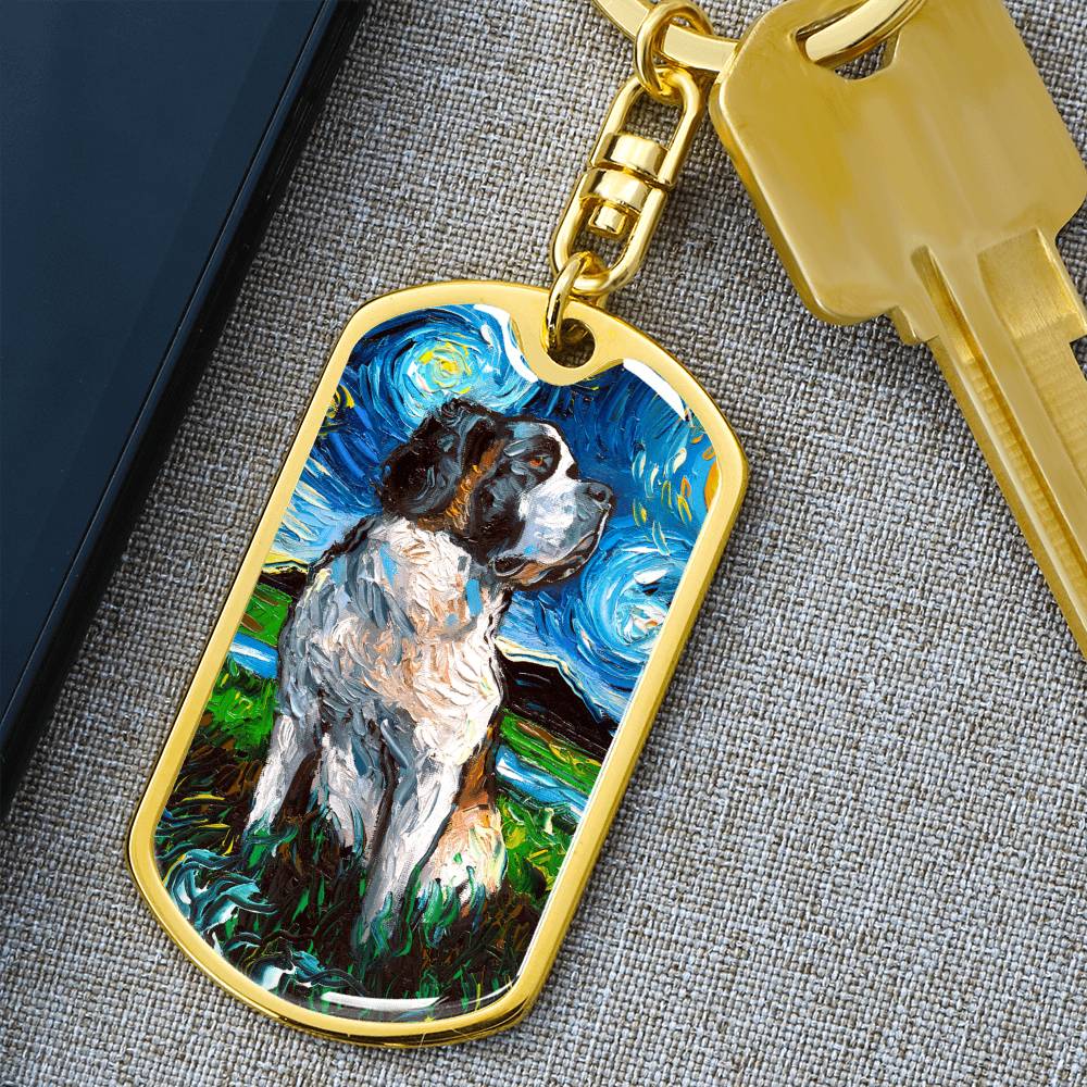 Saint Bernard Starry Night Dog Tag Keychain