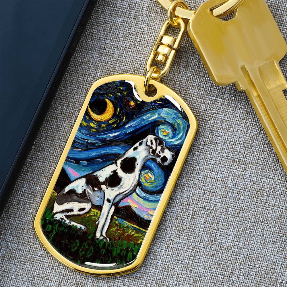 Harlequin Great Dane Starry Night Dog Tag Keychain