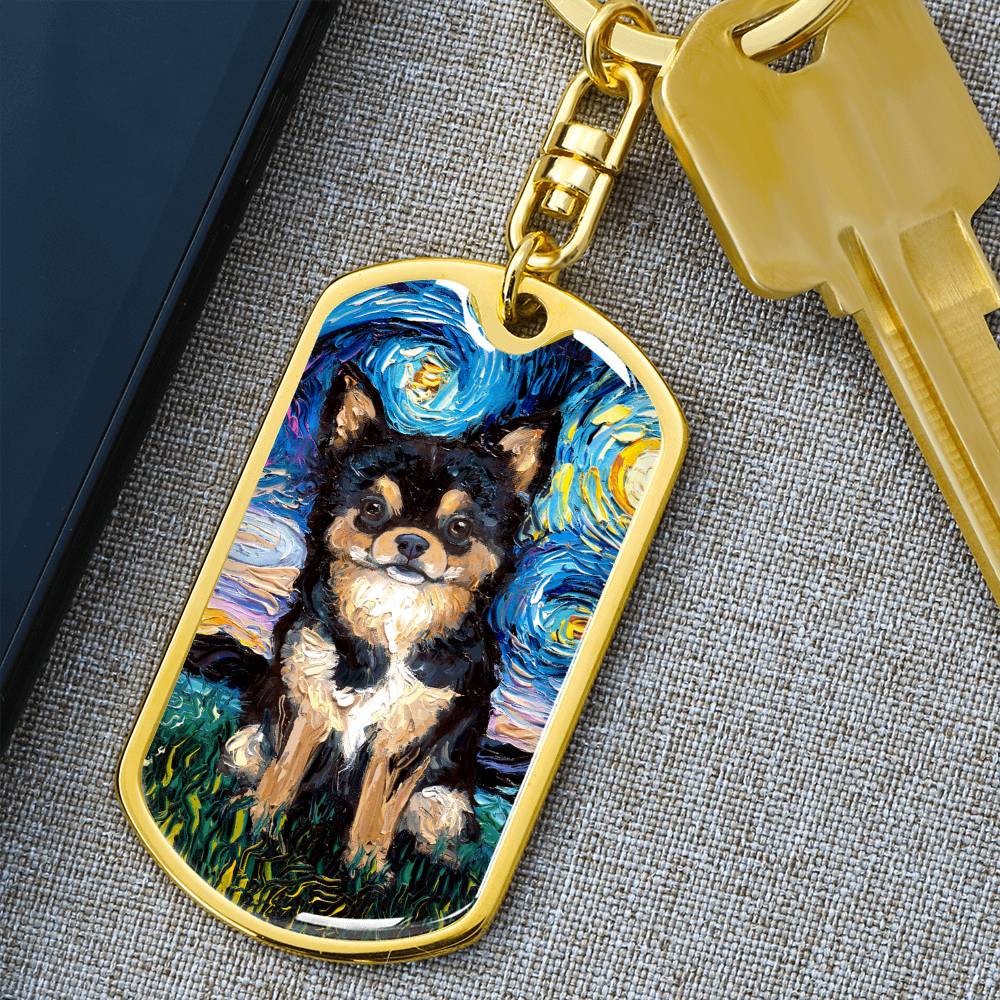 Black and Tan Long Hair Chihuahua Starry Night Dog Tag Keychain