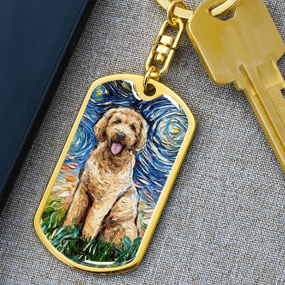 Goldendoodle Starry Night Dog Tag Keychain