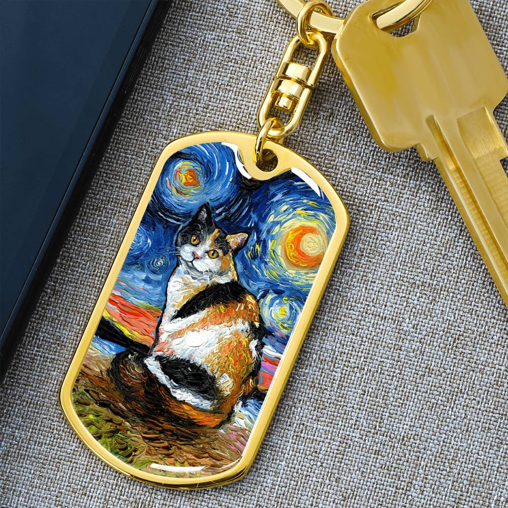 Calico Starry Night Dog Tag Keychain