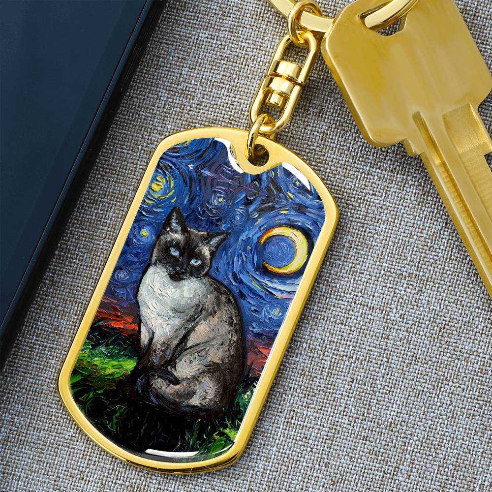 Siamese  Cat Starry Night Dog Tag Keychain