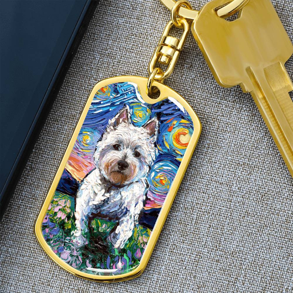 Westie and Flowers Starry Night Dog Tag Keychain
