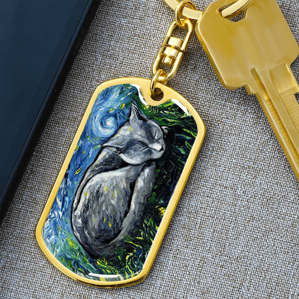 Russian Blue Cat Dog Tag Keychain