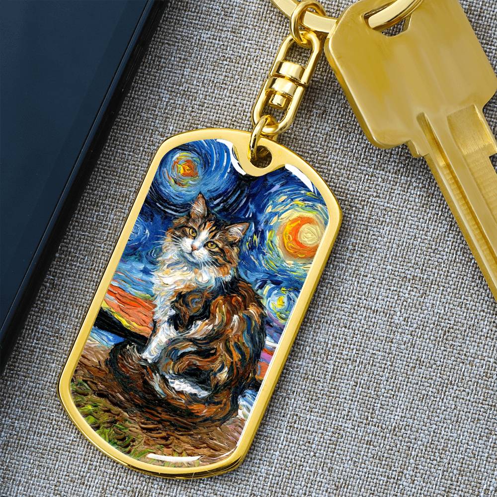 Calico Cat 2 Starry Night Dog Tag Keychain