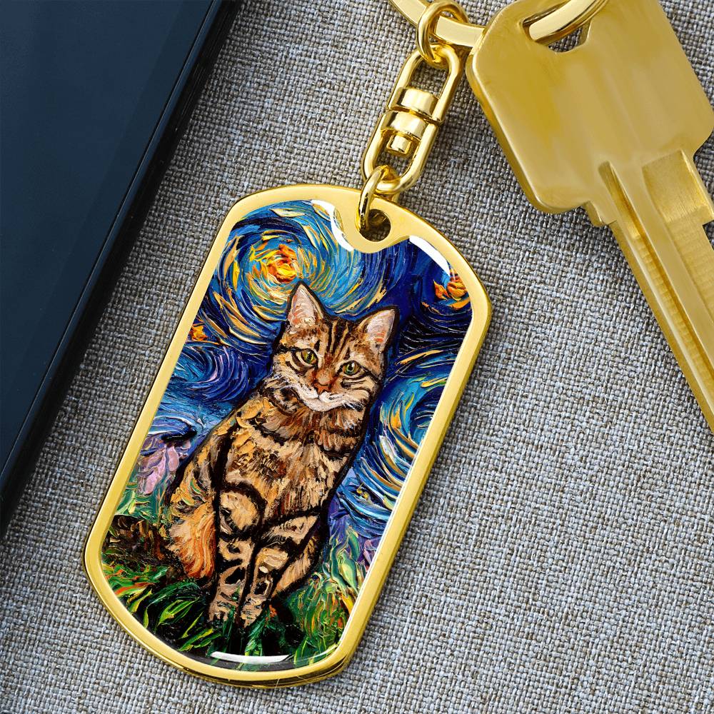 Brown Tabby Cat Starry Night Dog Tag Keychain