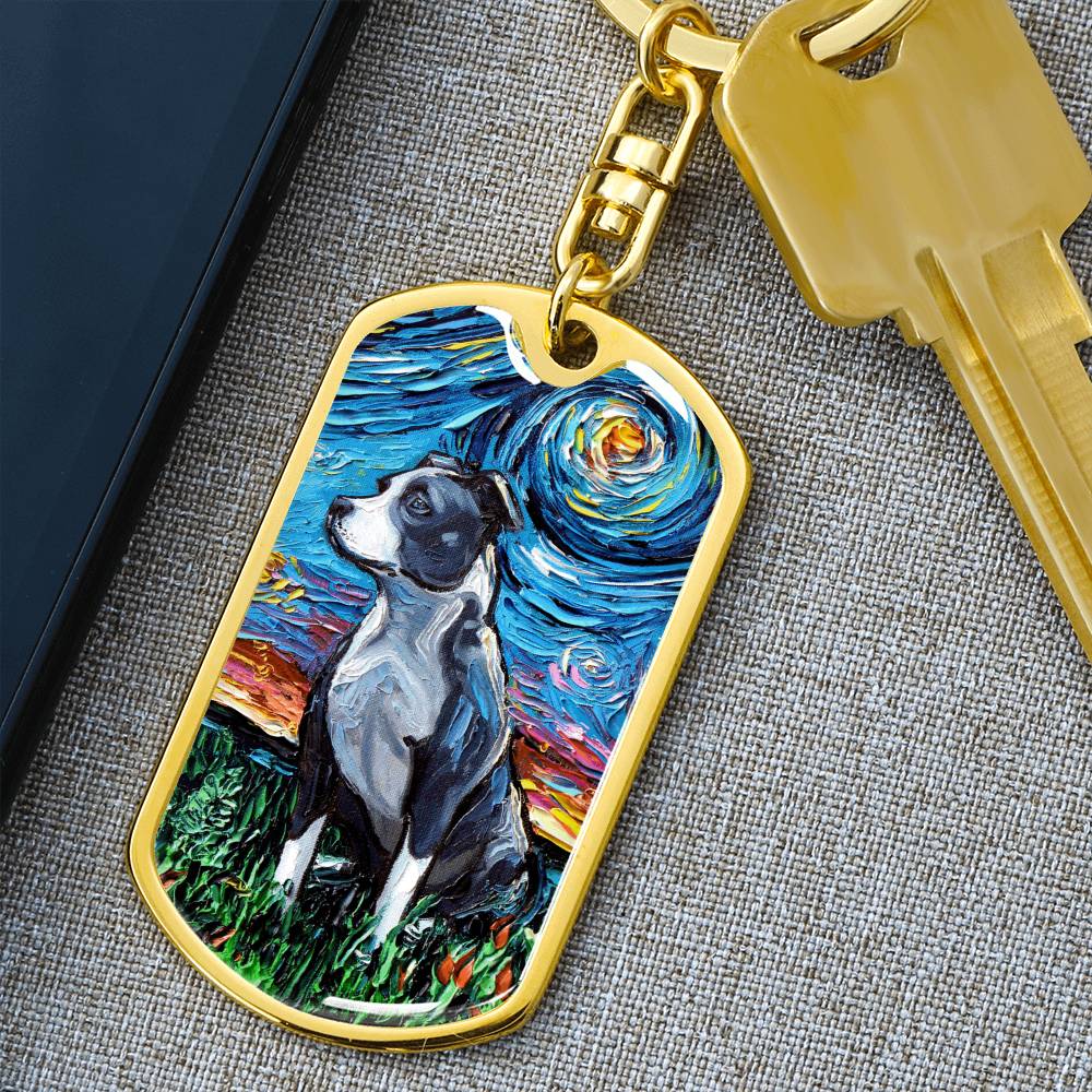 Pitbull Starry Night Dog Tag Keychain