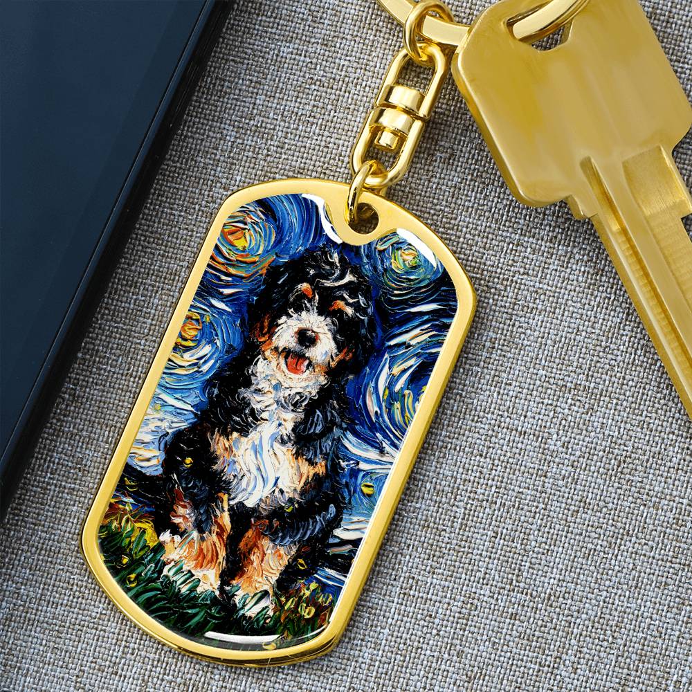 Bernedoodle Starry Night Dog Tag Keychain