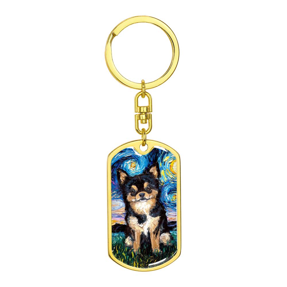 Black and Tan Long Hair Chihuahua Starry Night Dog Tag Keychain
