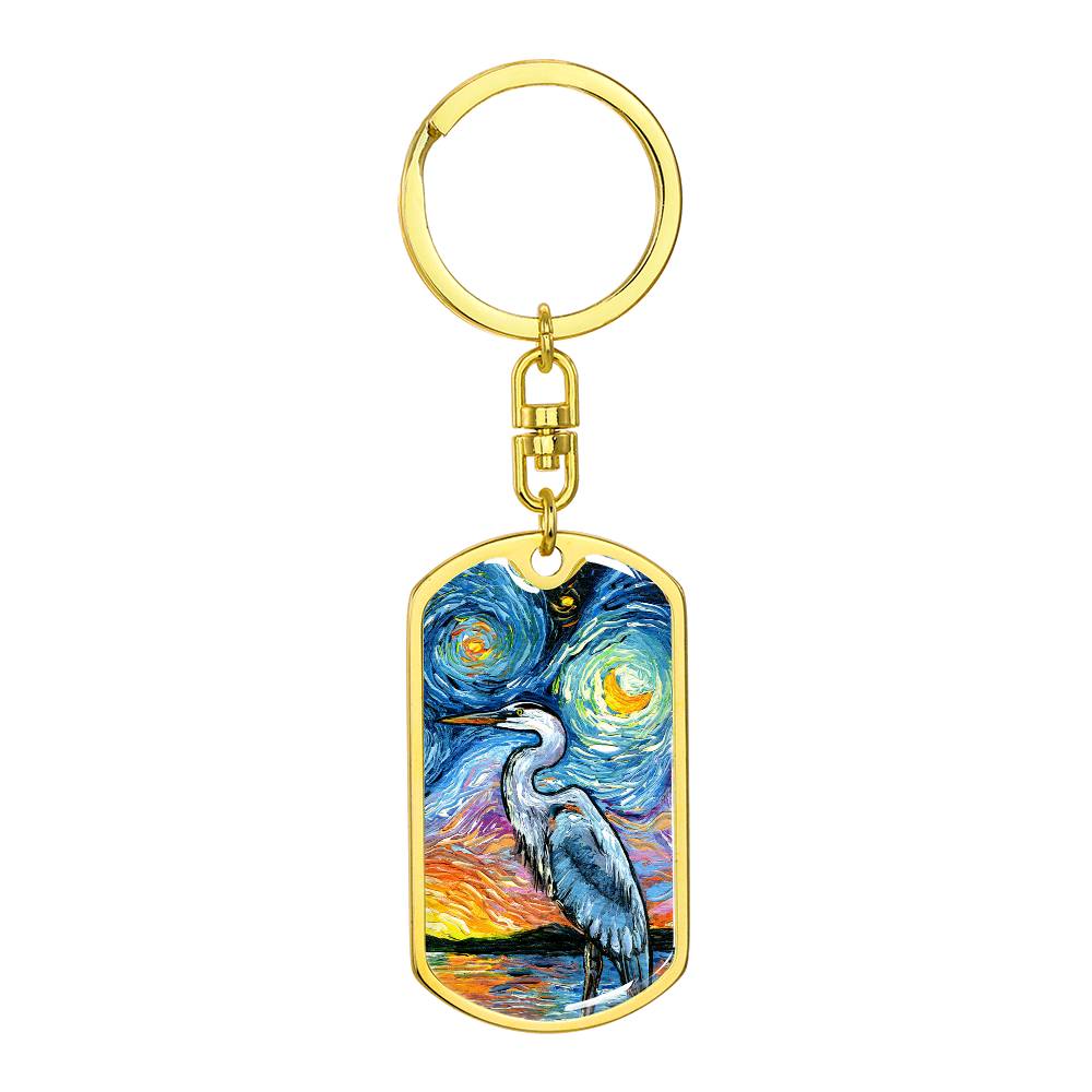 Blue Heron Starry Night Dog Tag Keychain