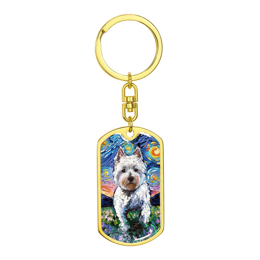 Westie and Flowers Starry Night Dog Tag Keychain