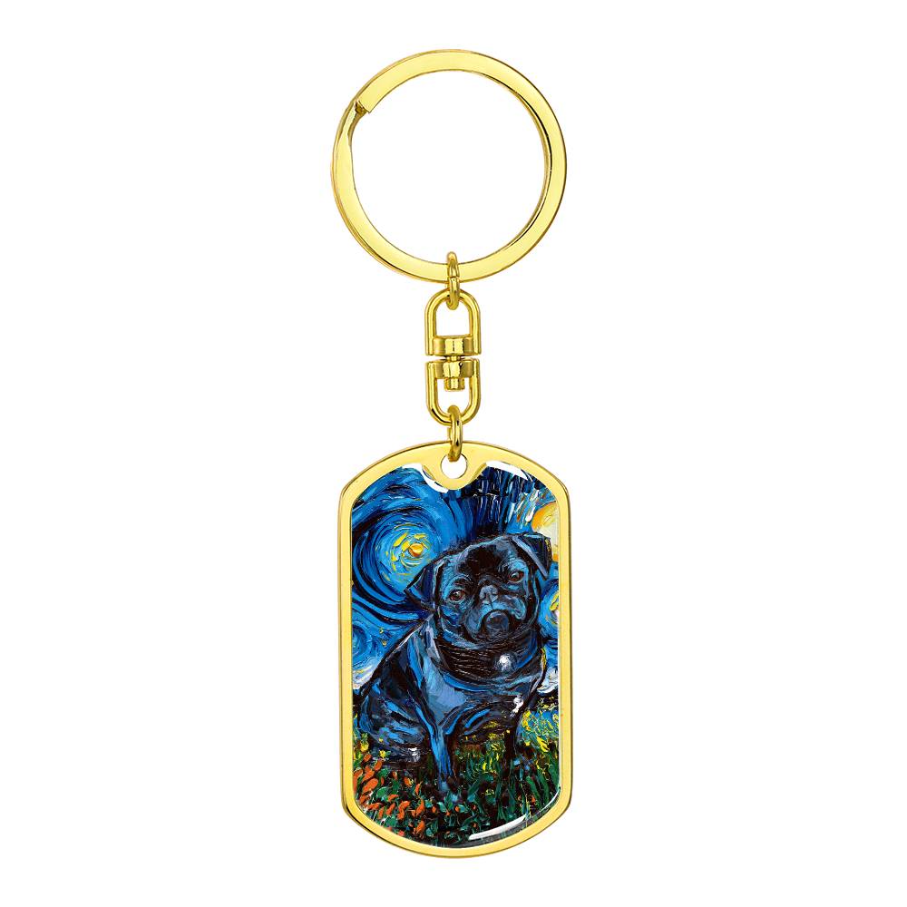 Black Pug Starry Night Dog Tag Keychain