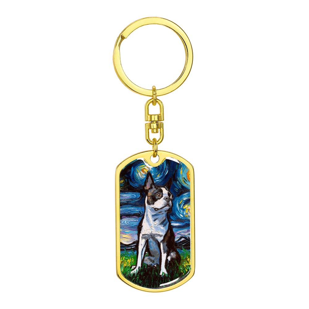 Boston Terrier starry Night Dog Tag Keychain