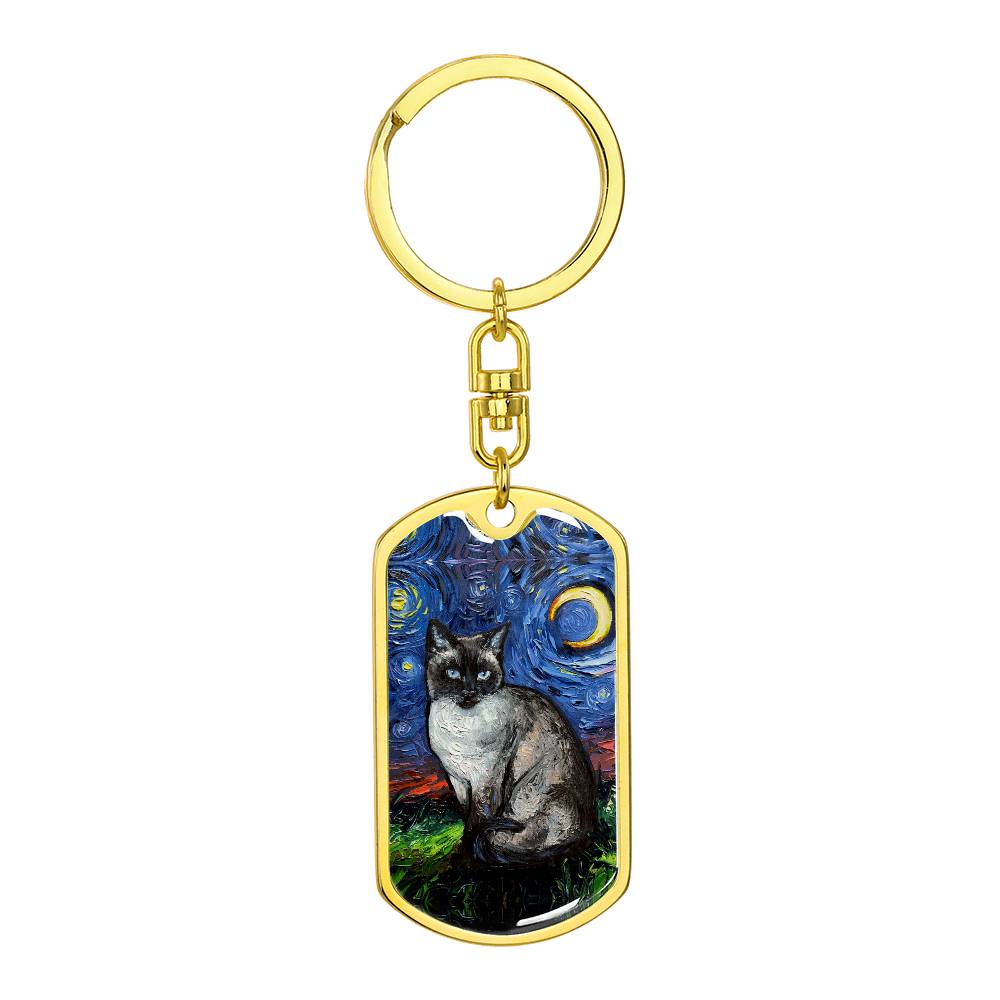 Siamese  Cat Starry Night Dog Tag Keychain