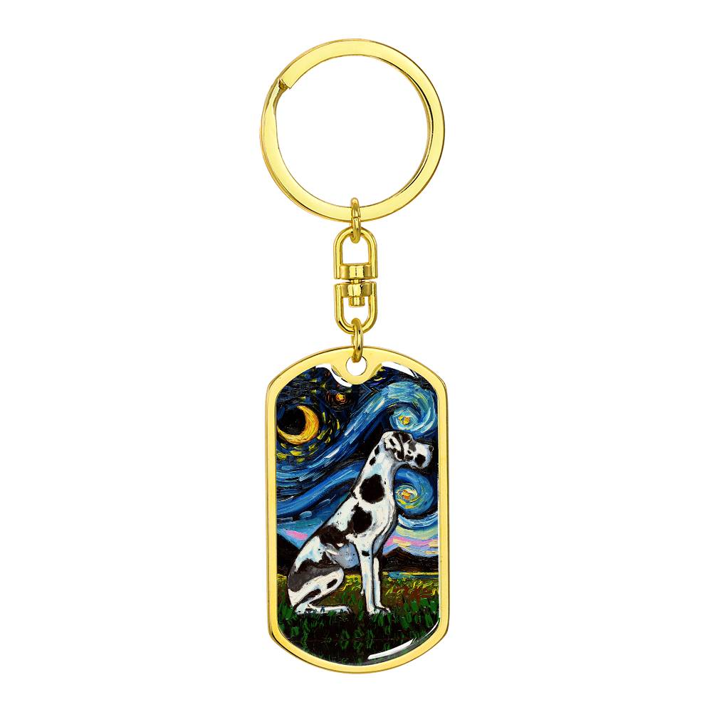 Harlequin Great Dane Starry Night Dog Tag Keychain