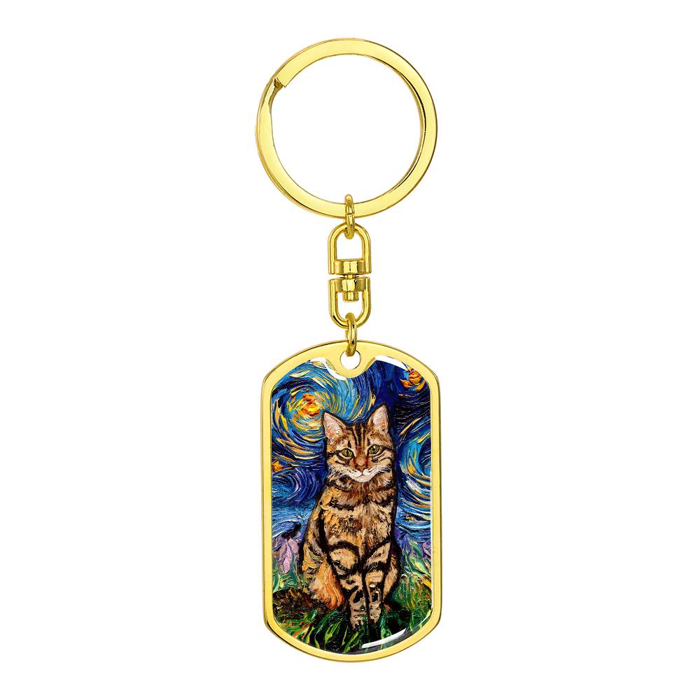 Brown Tabby Cat Starry Night Dog Tag Keychain