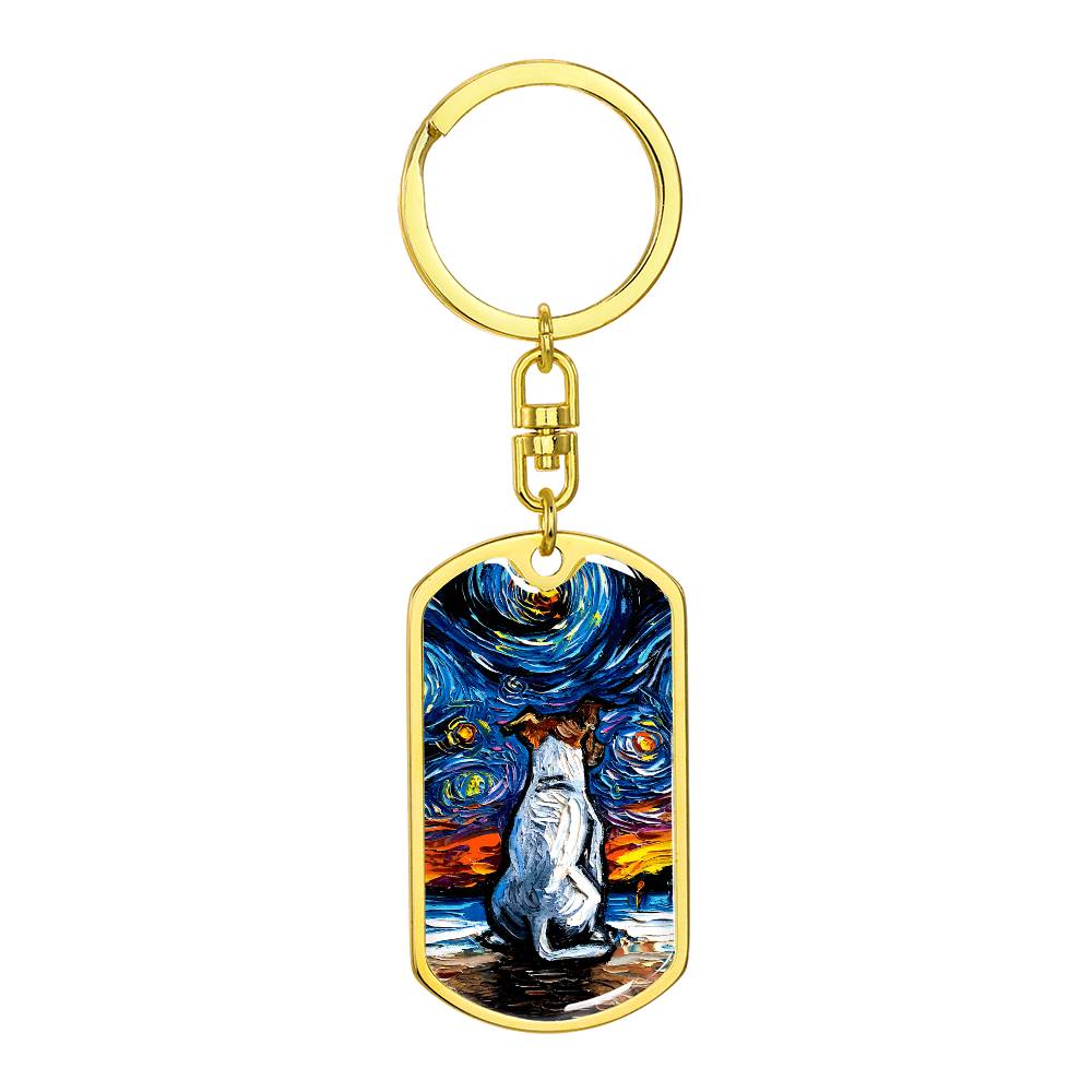 Jack Russell Terrier at the Beach Starry Night Dog Tag Keychain