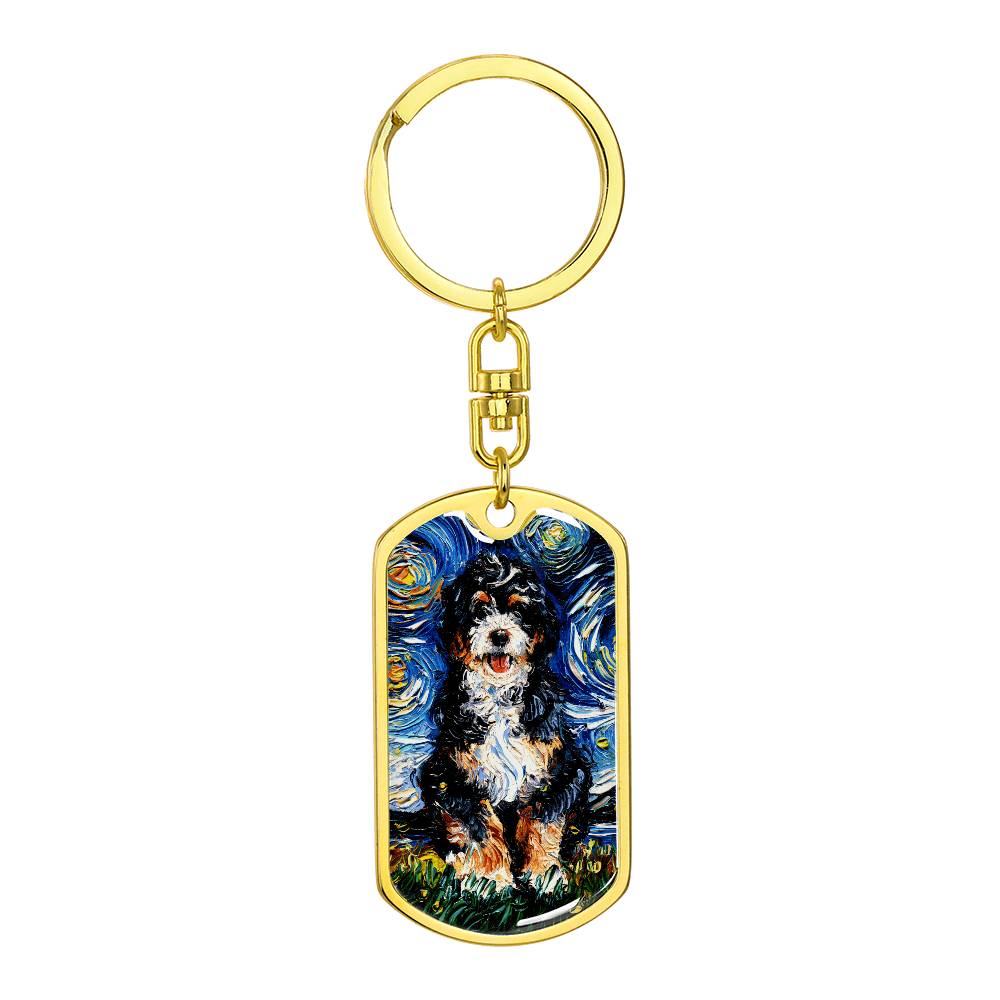 Bernedoodle Starry Night Dog Tag Keychain