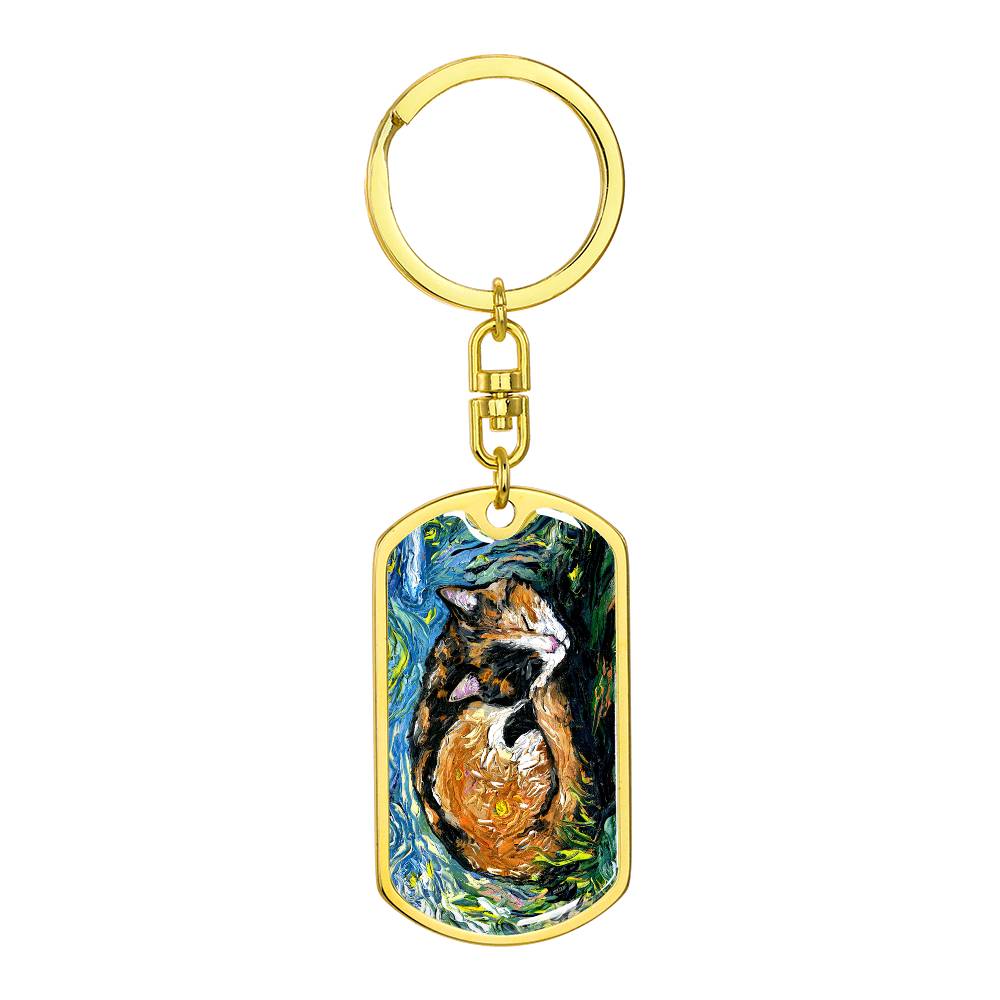 Sleeping Calico Dog Tag Keychain
