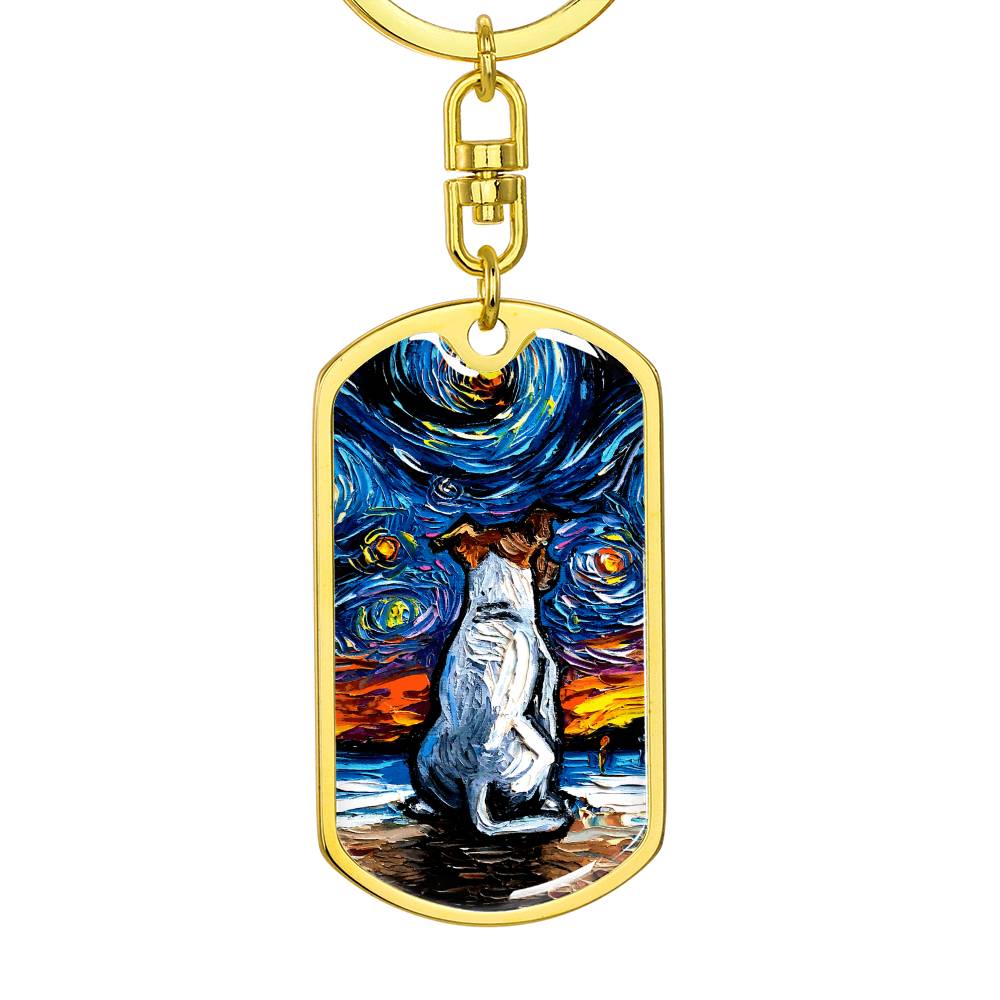 Jack Russell Terrier at the Beach Starry Night Dog Tag Keychain