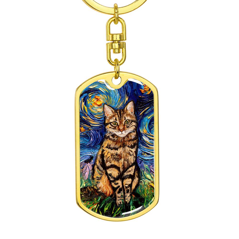 Brown Tabby Cat Starry Night Dog Tag Keychain