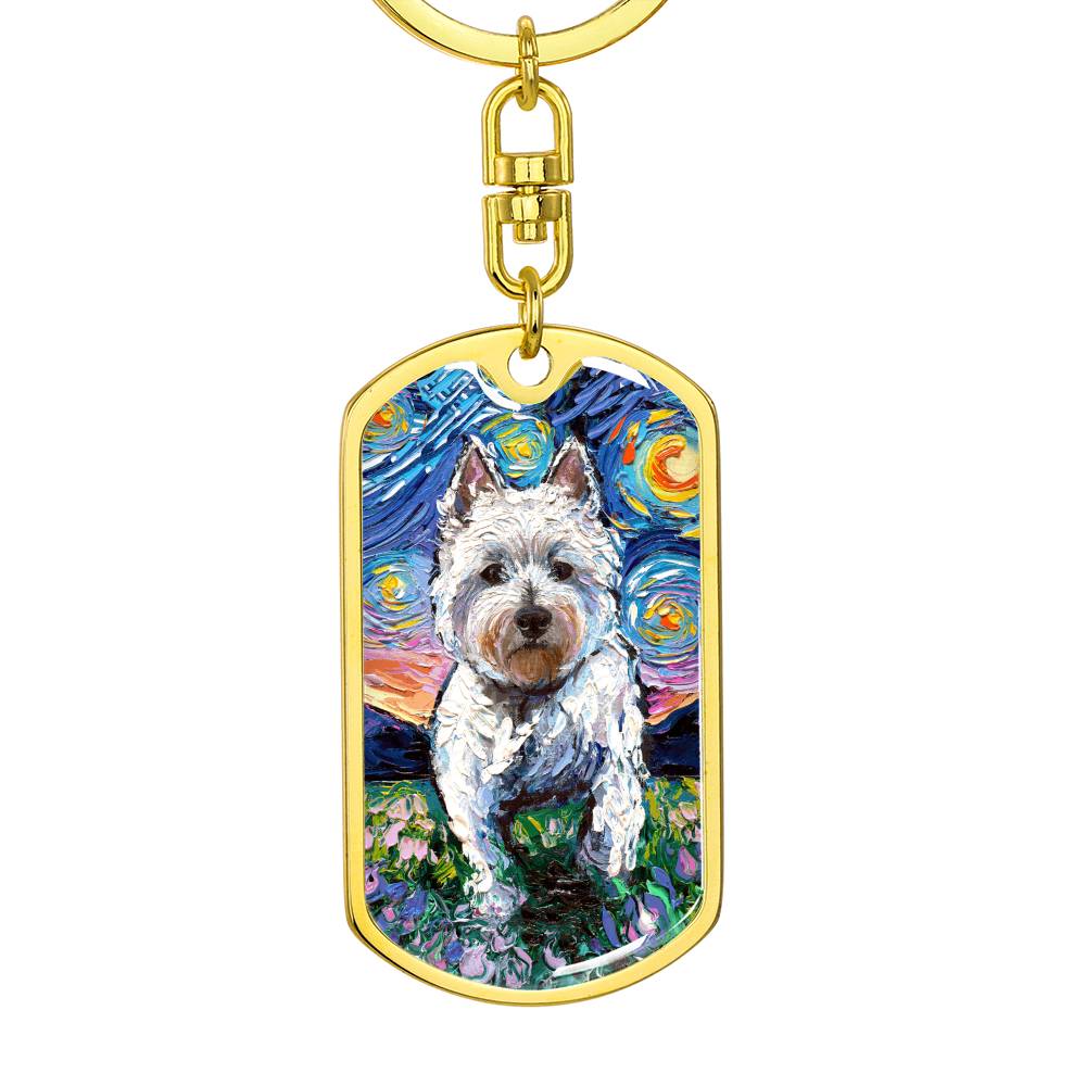 Westie and Flowers Starry Night Dog Tag Keychain
