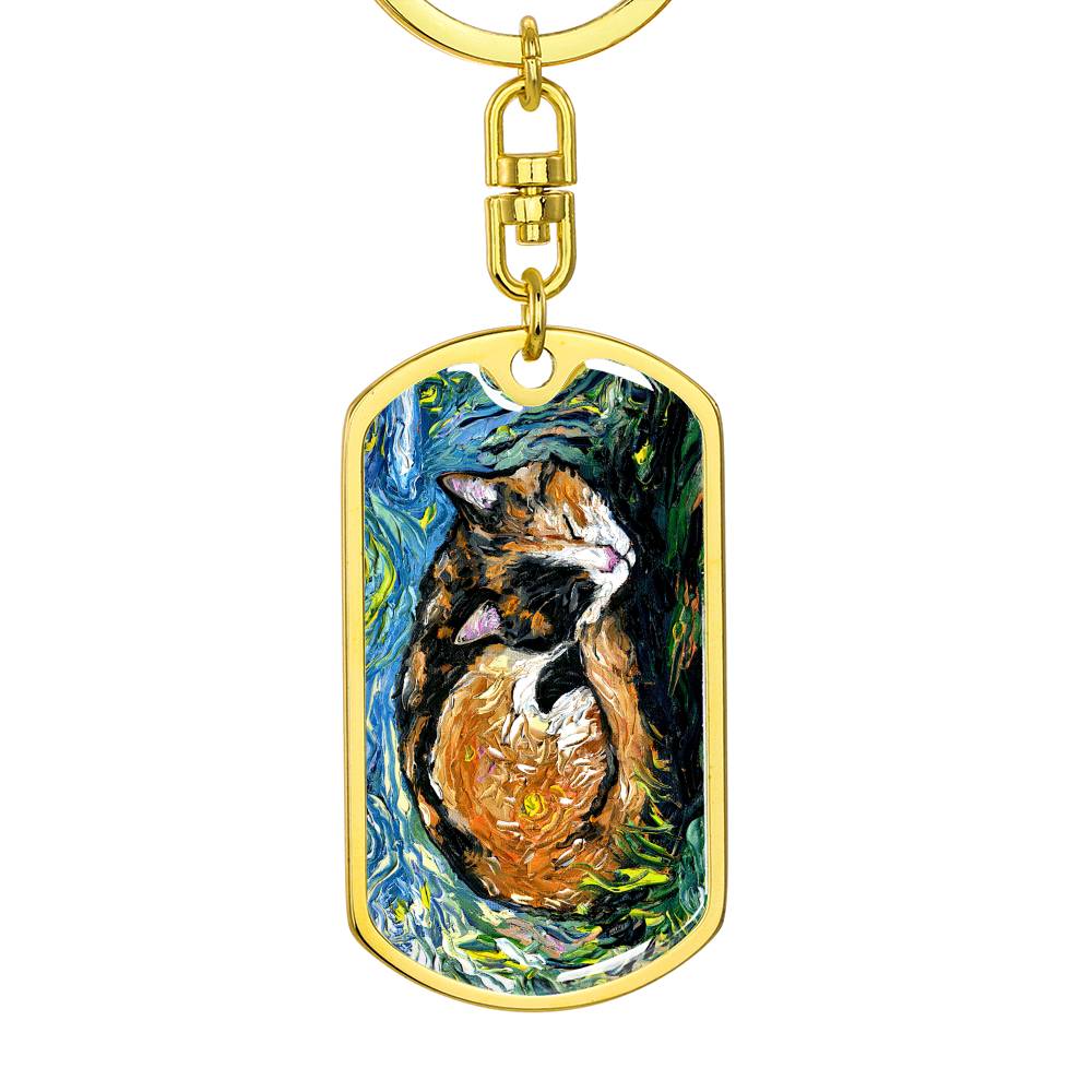 Sleeping Calico Dog Tag Keychain