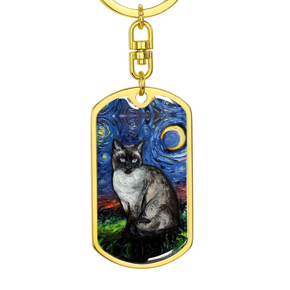 Siamese  Cat Starry Night Dog Tag Keychain