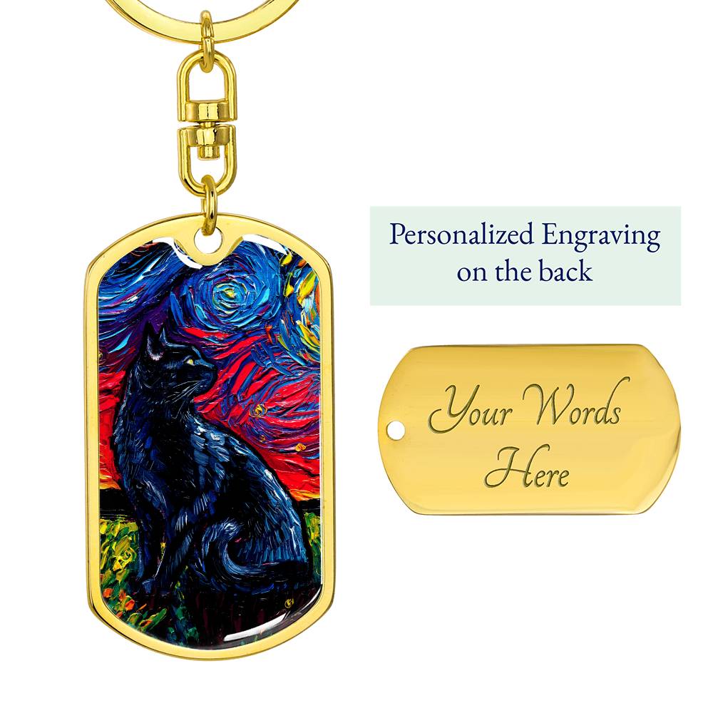 Black Cat Starry Night Dog Tag Keychain